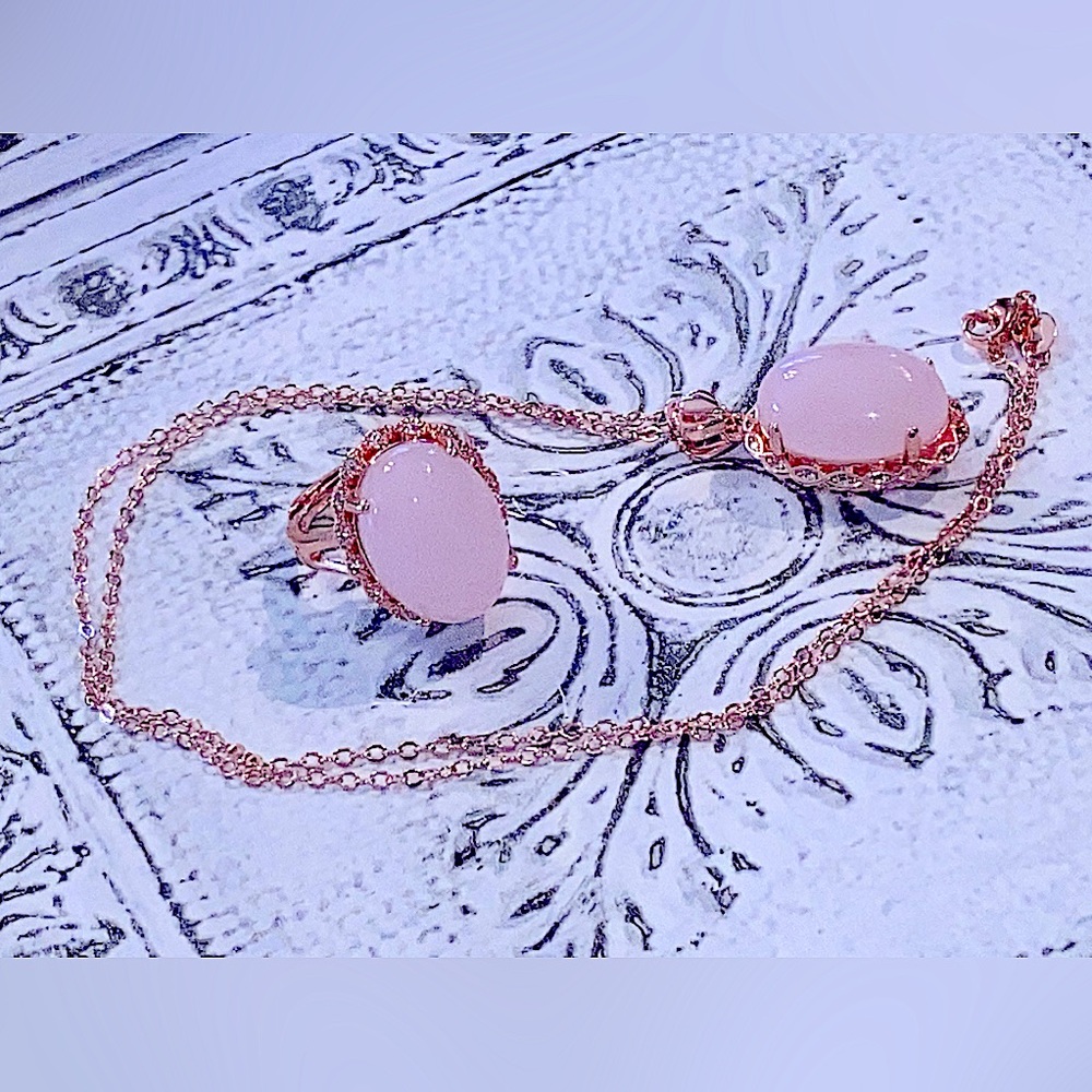 Unmarked Rose Gold Necklace/Ring Set in Glamour Pink Gold Fill-Artificial Quartz